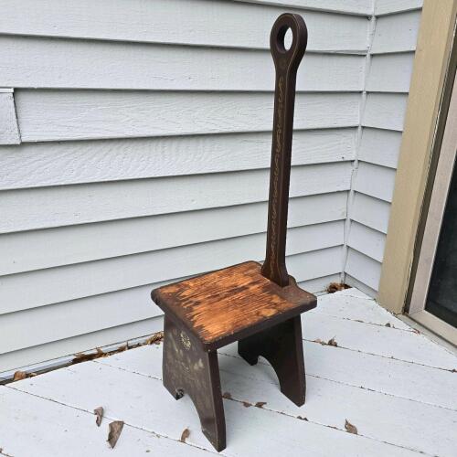 Shaker-Style Wooden Boot Jack Bench with Handle, Hand-Painted Scrollwork