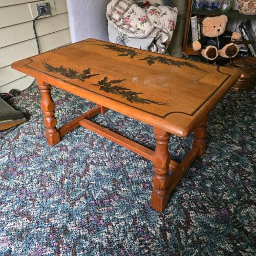 Wood Coffee Table Hand Painted Leaf Motif, Turned Legs, Stretcher Base