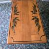 Wood Coffee Table Hand Painted Leaf Motif, Turned Legs, Stretcher Base - 2