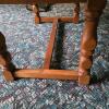 Wood Coffee Table Hand Painted Leaf Motif, Turned Legs, Stretcher Base - 3