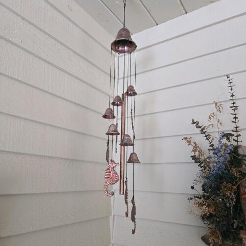 Metal Wind Chime, Bells, Seahorse Motif, Copper/Bronze Finish,