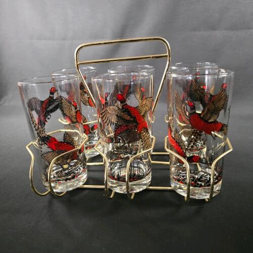 Midcentury Pheasant Highball Glass Set with Metal Carrier, 6 Glasses, Gold & Red Wildlife Design