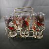 Midcentury Pheasant Highball Glass Set with Metal Carrier, 6 Glasses, Gold & Red Wildlife Design