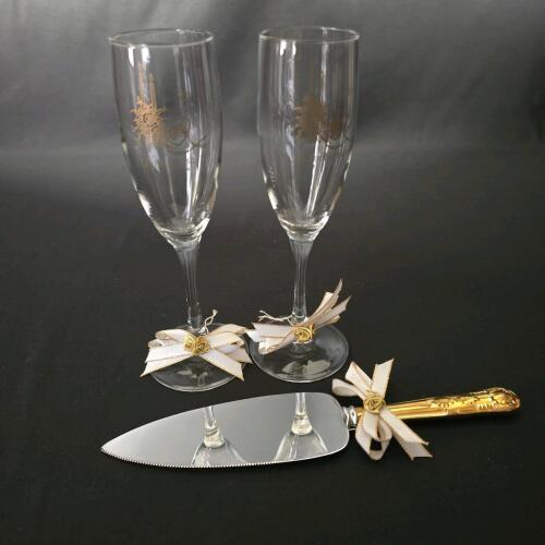 50th Anniversary Champagne Flute & Cake Server Set - Gold Etched & Ribbon Decor