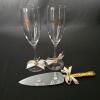 50th Anniversary Champagne Flute & Cake Server Set - Gold Etched & Ribbon Decor