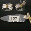 50th Anniversary Champagne Flute & Cake Server Set - Gold Etched & Ribbon Decor - 5