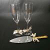 50th Anniversary Champagne Flute & Cake Server Set - Gold Etched & Ribbon Decor - 6