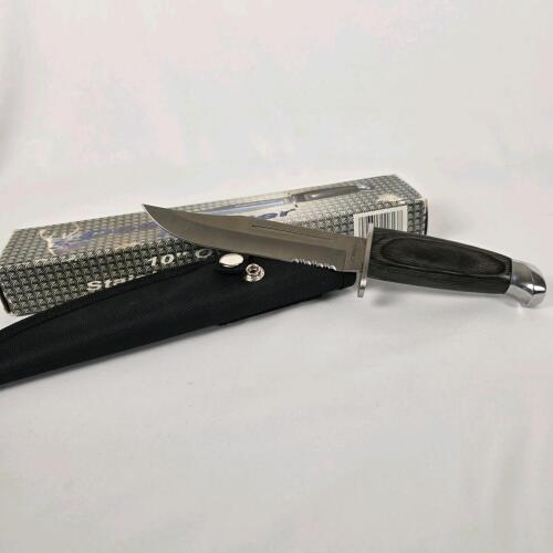 Stainless Steel Bowie Knife, Wood Handle, Partial Serration, Nylon Sheath