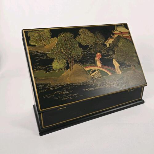 Vintage Hand-Painted Asian Lacquer Wood Letter Holder, Hinged