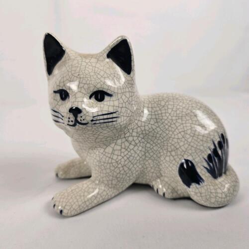 Hand-Painted Glazed Ceramic Cat Figurine, Crackle Finish
