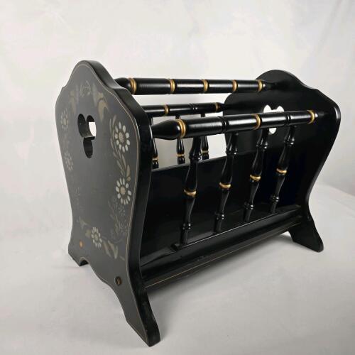 Black Wooden Magazine Rack, Hand Painted Floral