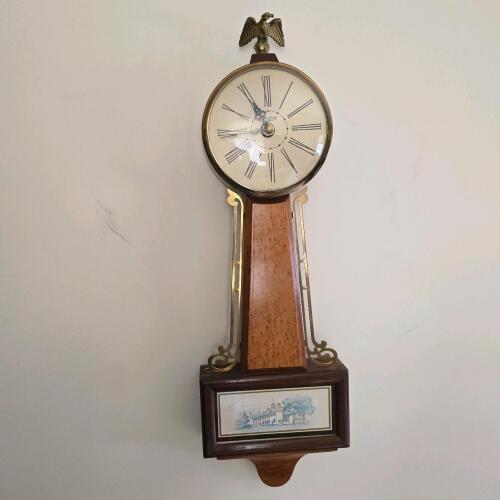 Sessions Banjo Wall Clock, Quartz, 22.5" Tall, Wood Case, Roman Numerals, Brass Eagle Finial