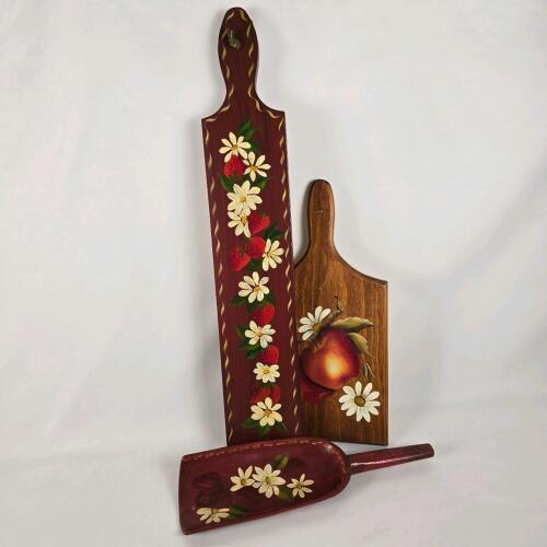 Set of Three Hand-Painted Wooden Kitchen Wall Plaques (Signed R.E.C., 1976)