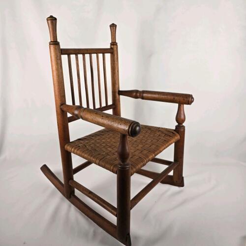 Child's Wooden Rocking Chair, 24" High, Woven Seat, Classic Spindle Back