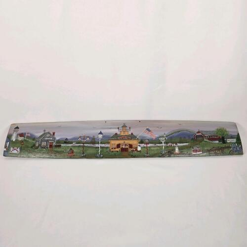 Barrel Stave Hand Painted byVicki Sullivan 30"x4" Rural Village Scene Milton NH Signed 1999