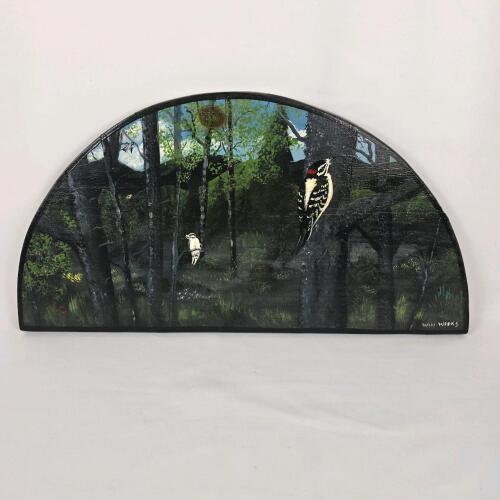 Hand-Painted Semi-Circle Wood Wall Art by Win Weeks, 23"x11.5", Woodpeckers in Forest, 1980, Signed