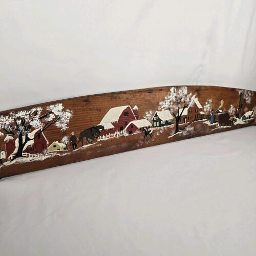 Hand-Painted Rustic Wooden Wall Art, Winter Farm Scene, Signed N. Evans, 46.5"x5.5"