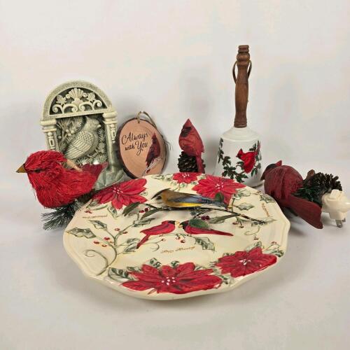 Cardinal Bird Decor Collection &ndash; Hand-Painted Plate, Bell, Night Light, Figurines, Plaque
