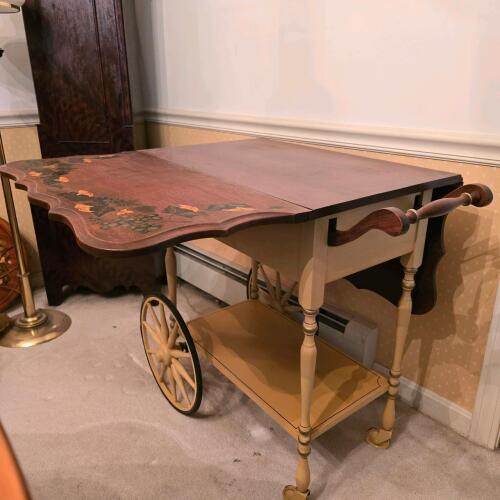 Brickwede Brothers Tea Cart, 40"x29" Wood, Hand-Painted Grapes, Drop-Leaf, Drawer