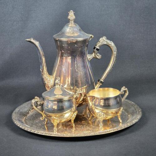 Vintage Leonard Silverplate 4-Piece Tea Set with Ornate Tray, Teapot 8.7", Baroque Design