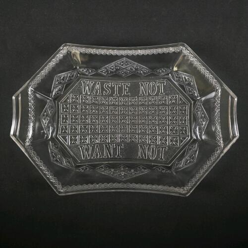 Vintage Pressed Glass Tray "WASTE NOT WANT NOT" Octagonal 11.5" Plate
