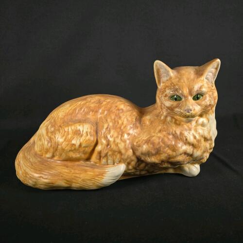 Hand-Painted Ceramic Cat Figurine, 13.5" Long, 1984 Dated, Glossy Glaze, Commemorative Inscription
