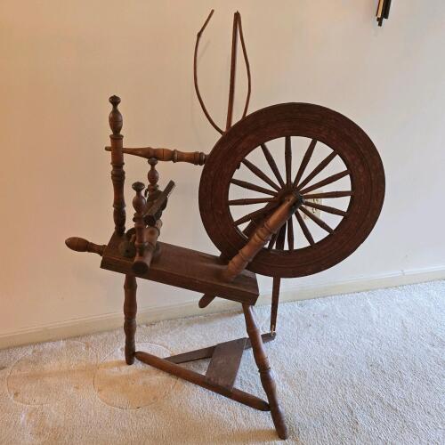 Antique Saxony Spinning Wheel &ndash; Wood, 36"x16"x39", 23" Wheel, Single Drive, 2 Bobbins, Flyer