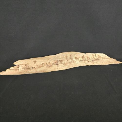 Driftwood Wall Art with Pyrography Nautical Scene, Signed by A. Lowther, 29.5 in