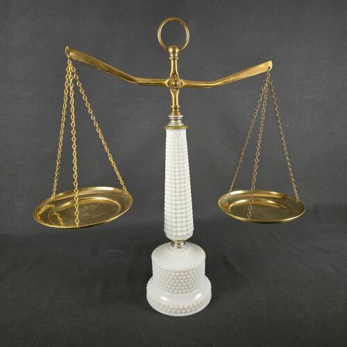 Mid-Century Hobnail Milk Glass & Brass Decorative Balance Scale &ndash; 15" Tall, 7" Trays