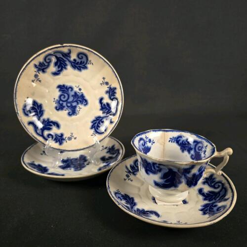 Antique English Scroll Pattern Blue & White Transferware Tea Cup & Saucer Set, F.W. Mark