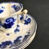 Antique English Scroll Pattern Blue & White Transferware Tea Cup & Saucer Set, F.W. Mark - 5