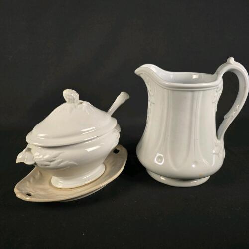 J. Edwards Hanley Antique Ironstone Pitcher & Tureen Set,England c.1842-1882, Relief Motif