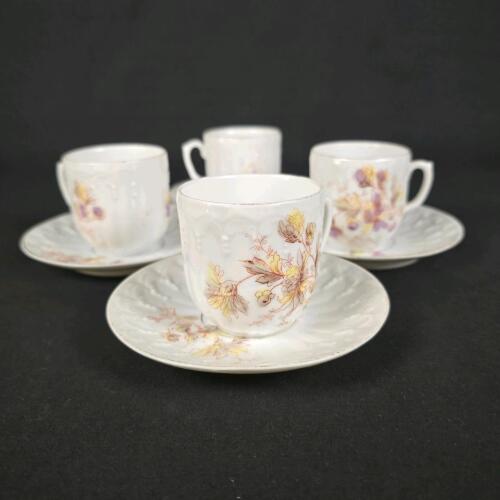 Vintage Porcelain Demitasse Cup & Saucer Set &ndash; Floral Pattern, Gold Trim, Set of 4