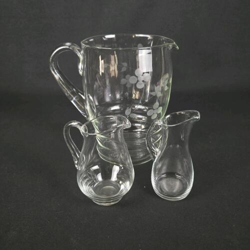 3-Piece Glass Pitcher & Creamer Set &ndash; Etched Floral Large Jug, 2 Small Clear Mini Pitchers