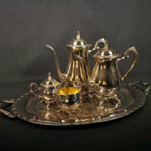Vintage Oneida Silver-Plated Tea & Coffee Set with Tray, 5 Pieces, Ornate Feet & Handles, USA