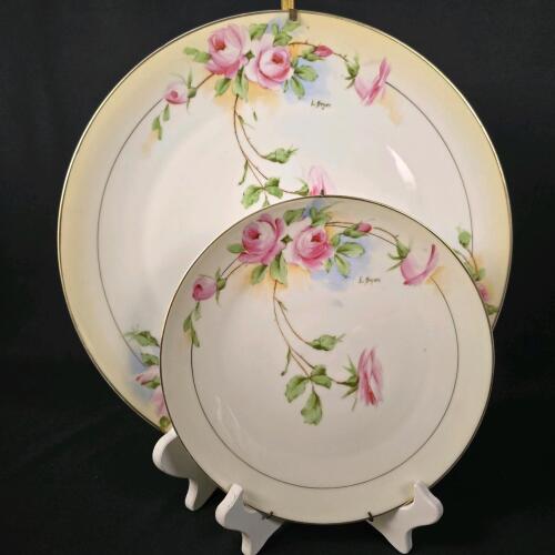Antique Royal Rudolstadt Prussia Hand-Painted Porcelain Plates by E. Beyer, Floral Design, Gold Trim