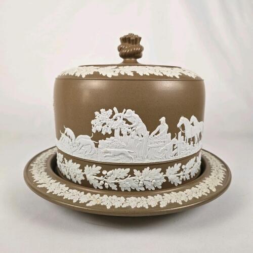 Brown Jasperware Cheese Dome with Hunting Scene and Oak Leaf Relief