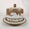 Brown Jasperware Cheese Dome with Hunting Scene and Oak Leaf Relief