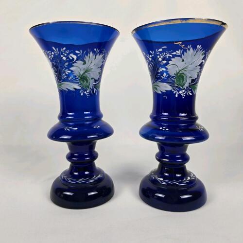 Pair of Cobalt Blue Bohemian Glass Vases, 8" Tall, Floral, Gold Rim