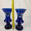 Pair of Cobalt Blue Bohemian Glass Vases, 8" Tall, Floral, Gold Rim - 5