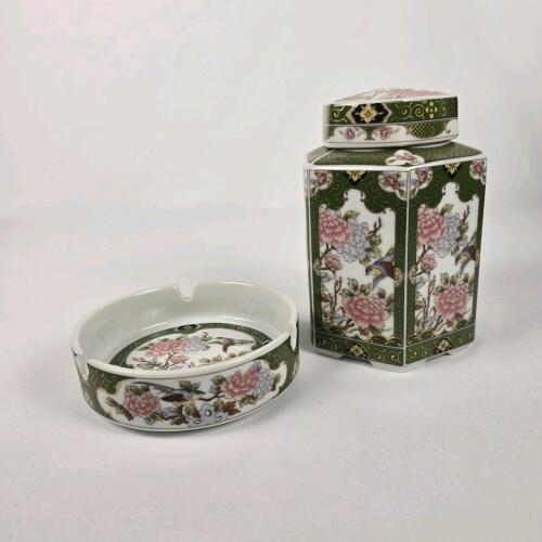 Vintage Arnart Imports Oriental Garden Porcelain Set &ndash; Hexagonal Lidded Jar & Ashtray