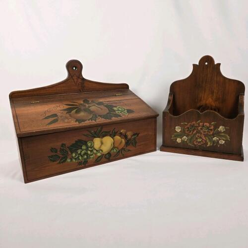 Vintage Wooden Bread Box & Letter Holder Set, Hand-Painted Fruit & Floral Wall Mount, Hinged Lid