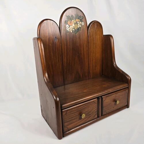 Vintage Wooden Wall-Mount Organizer Cabinet, 2 Drawers, Fruit Motif, 16.5"x16"x7"