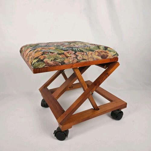 Vintage Adjustable Folding Footstool on Casters - Floral Tapestry Upholstery, Wood Frame 15"x13"