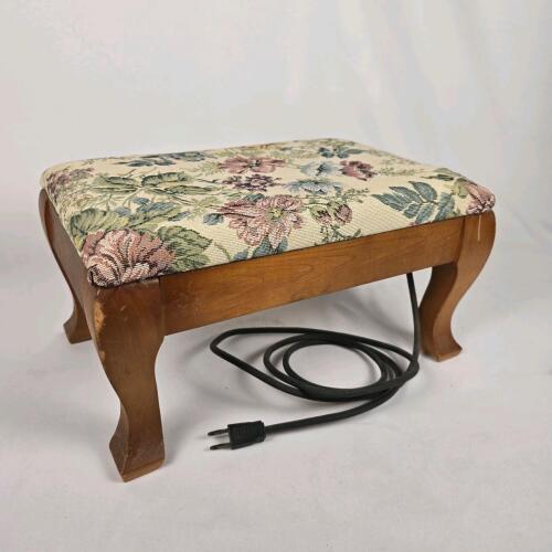 Vintage Electric Heated Footstool, 17"x12"x9", Tapestry Floral Upholstery, Wood Frame