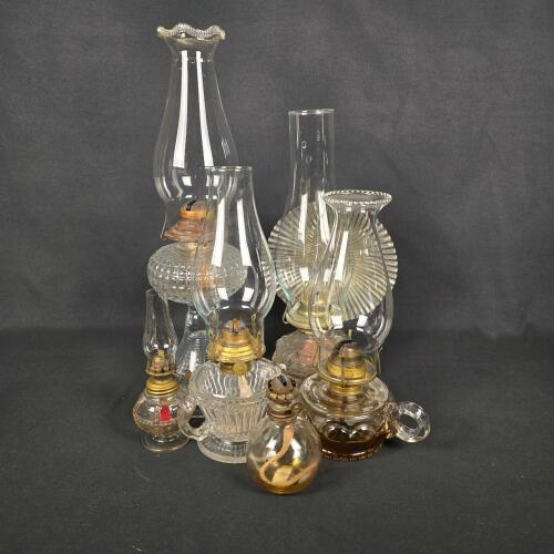 Mixed Lot Antique Glass Oil Lamps &ndash; Ribbed & Pressed Styles, 7&ndash;15.5 in, 6 Pieces, Brass Burners