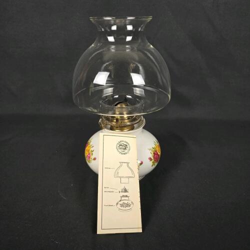 Lamplight Farms Bavarian Porcelain Table Oil Lamp, West Germany, Rose Floral, 8" Tall