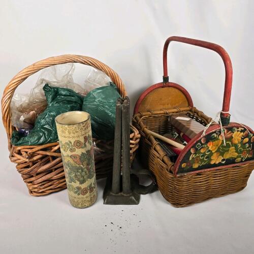 Vintage Metal 6-Cavity Taper Candle Mold with 2 Wicker Baskets, Assorted Candles