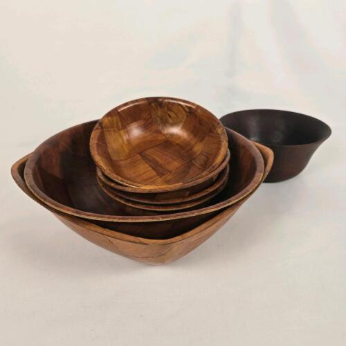 Wooden Salad Bowl Set &ndash; 6-Piece, Mixed Wood Tones, Patchwork Design