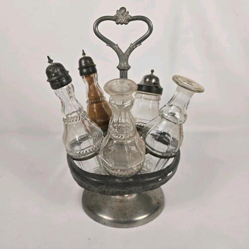 Antique Cruet/Castor Condiment Set with Ornate Handle and Twisted Glass Bottles